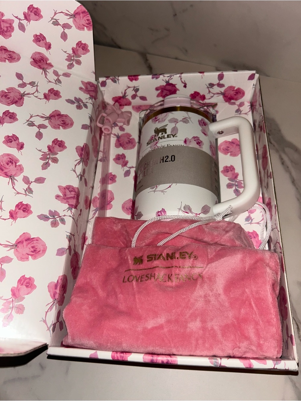 Stanley White & Pink Floral Love Shack Fancy Tumbler with Straw and Lanyard - Picture 7 of 7